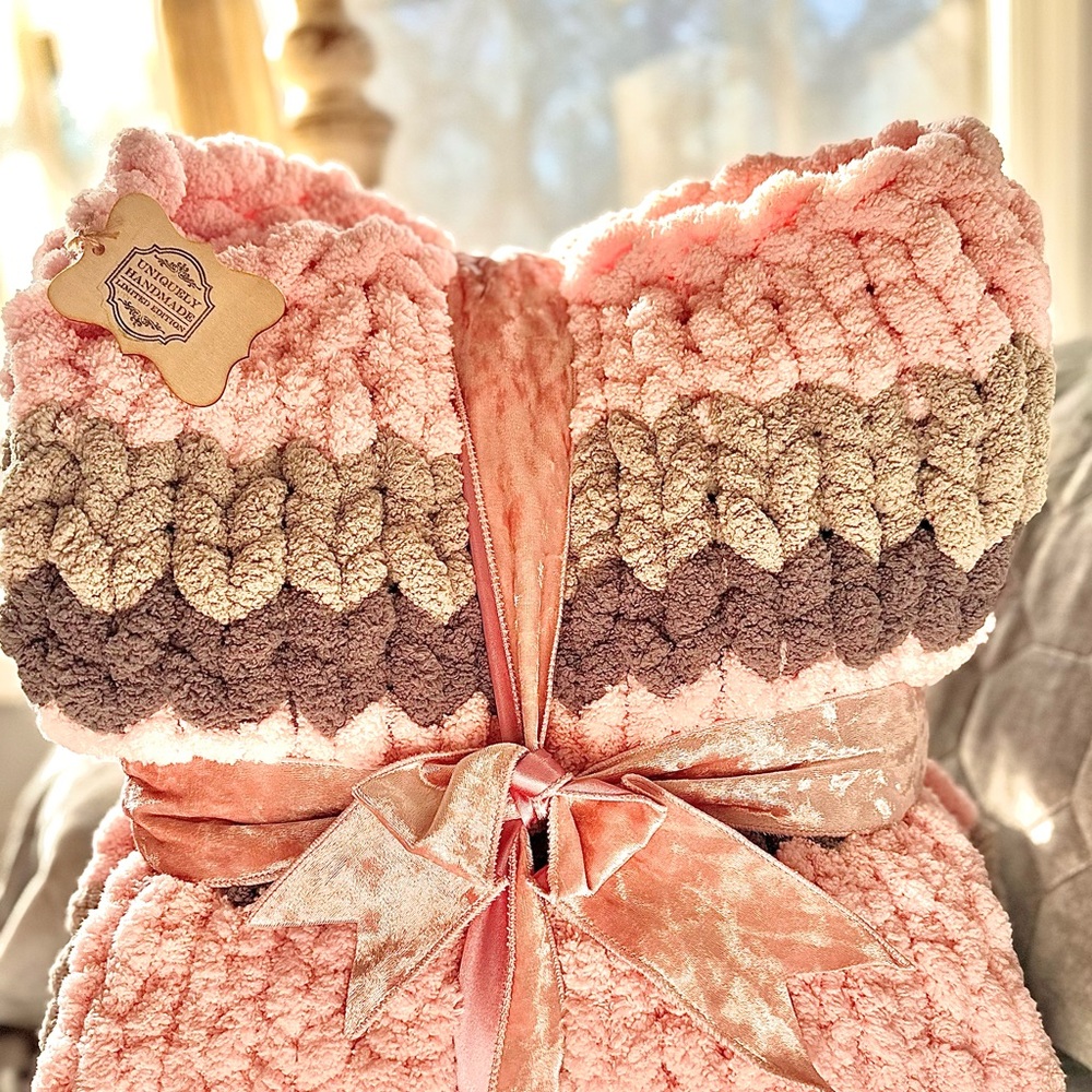 Pink and Brown Chunky Blanket Handmade.